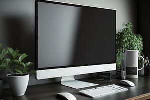 Mockup desktop computer display blank screen on desk. Illustration photo