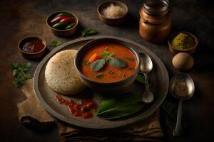 Idli sambar or Idli with sambhar and green red chutney Illustration photo