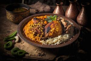Yemeni food. chicken with rice. Illustration photo