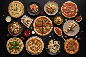 un lleno mesa de italiano platos en platos de Pizza pasta. ilustración ai generativo foto