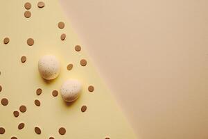 Happy Easter concept. Beige background with eggs. Illustration photo