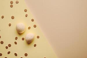 Happy Easter concept. Beige background with eggs. Illustration photo