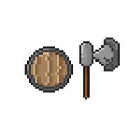 axe and wooden shield in  pixel art style vector