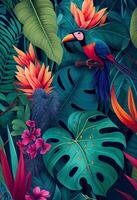 Tropical background with jungle plants and exotic birds. photo