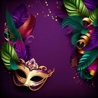 Violet Mardi Gras Carnaval Background with Mask. photo