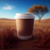 Coffee to go on a background with green plants. Illustration photo