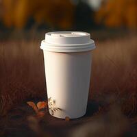 Coffee to go on the background of the road. Illustration photo