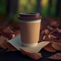 Coffee to go on a background with green plants. Illustration photo