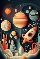 Beautiful Space Planets And Rockets Pattern. Illustrator photo
