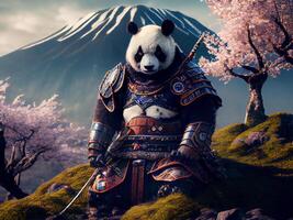 panda samurai y Cereza flores en el montaña. ai generado foto