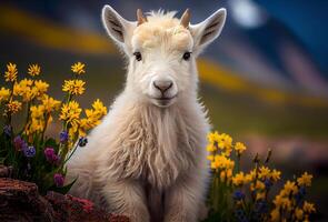 cute white mountain goat among the flowers on top of the rock. photo