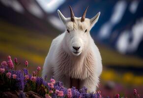 cute white mountain goat among the flowers on top of the rock. photo