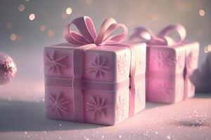 Pink Gif Boxes with Bow on Bokeh Background. photo