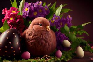 Happy Easter Greeting Background with Colorful Eggs and Bunny. photo