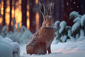 hare in snow winter forest. Illustration photo
