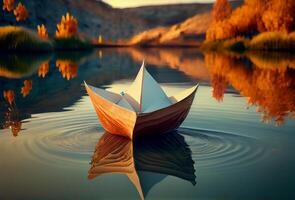 paper boat on the river among the mountains. photo
