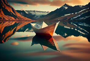 paper boat on the river among the mountains. photo