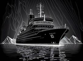 black linear icebreaker on a black background. ship at night illustration. photo