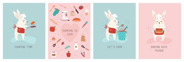 Cards set  with rabbits and  kitchen accessories, food. Bunny cooks food. Vector illustrations