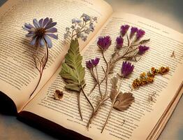 presionado seco flores en un libro. seco herbario. ai generado foto
