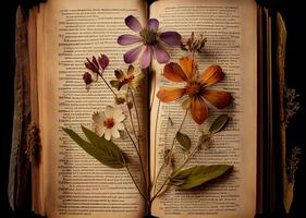 pressed dry flowers in a book. dried herbarium. photo