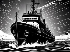 black linear icebreaker on a black background. ship at night illustration. photo