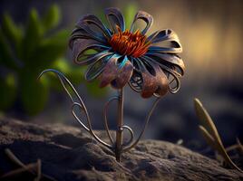 forged iron flower on the background of a green garden. photo