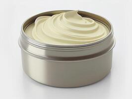 creamy hand cream in a round plastic jar on a white background. photo