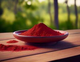 Red cold powder, Indian spice in a plate on a wooden table on a background of greenery. photo