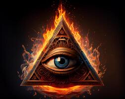 triangle with an eye inside. sign of the secret society of freemasons. the emblem of the group of conspirators. photo