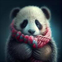 linda panda vistiendo un de punto bufanda. generativo ai foto