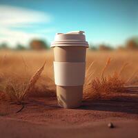 Coffee to go on a background with green plants. Illustration photo