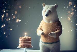 Portrait of woodland animal Bear with fluffy fur with cake. Illustration photo