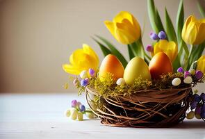 Happy Easter Greeting Background with Colorful Eggs. photo