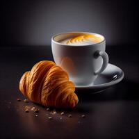 delicious espresso coffee white cup and croissant. Illustration photo