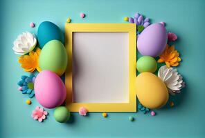 Frame Happy Easter concept with eggs. Illustration photo