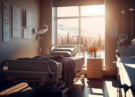 hospital cama en un brillante habitación. un separar habitación para un enfermo persona. ai generado foto