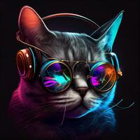 Black Neon Modern Disco Cat Generative AI photo