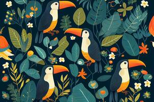 Tropical background with jungle plants and exotic birds. photo