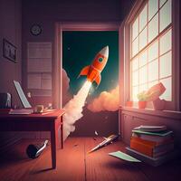 Vivid Rocket Starting Fly From a Desk. Illustration. photo