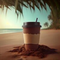 Coffee to go against the backdrop of a palm tree and the sea. Illustration photo