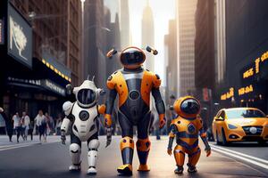 Happy robots family walking in the street of big futuris. Illustration photo