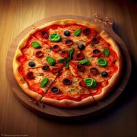 Pizza on wooden board. Illustration photo