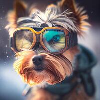Cool Dog in ski goggles rides a snowboard. Illustration photo