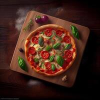 Pizza on wooden board. Illustration photo