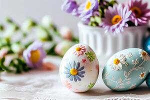 Happy Easter Greeting Background with Colorful Eggs. photo