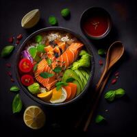 Bowl with salmon rice and fresh vegetable. Illustration photo