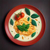 Pasta on Plate with Basil Leaves. photo