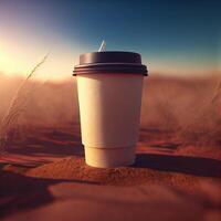 Coffee to go on the background of the road. Illustration photo