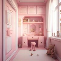Pink Cute Childish Room Interior. Generative AI photo